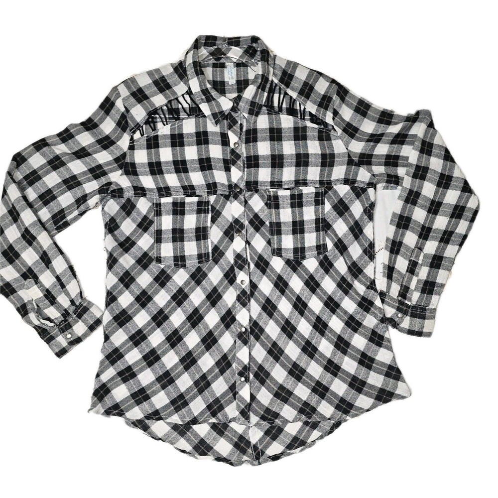 Free People Medium Shirt Women Black White Plaid Snap Up Long Sleeve Top